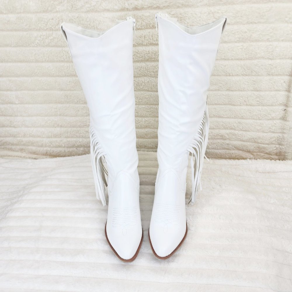 Wild One White Fringe Cowboy Cowgirl Boots Plus Plus size Friendly - Picture 7 of 13